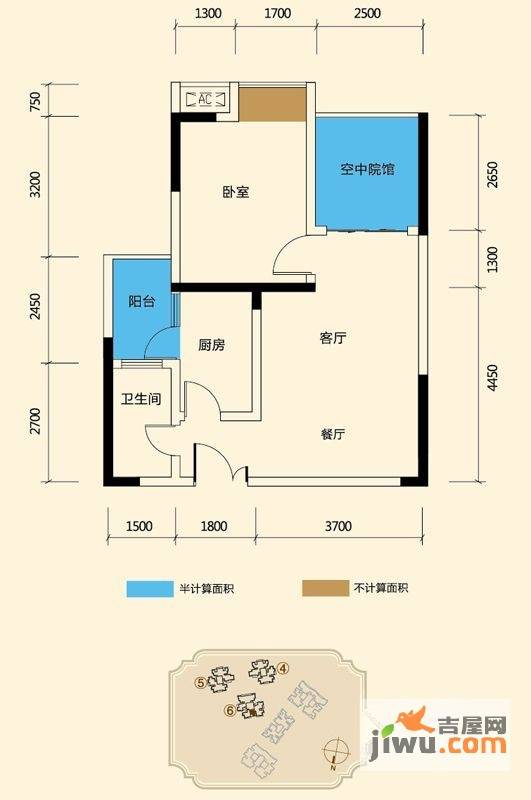 润洲江山城1室2厅1卫59.8㎡户型图