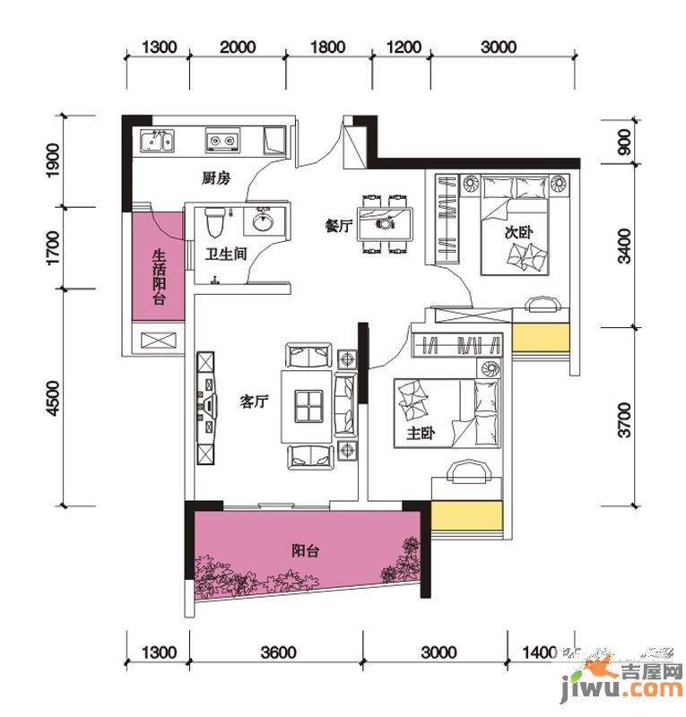 联发嘉园2室2厅1卫62.7㎡户型图