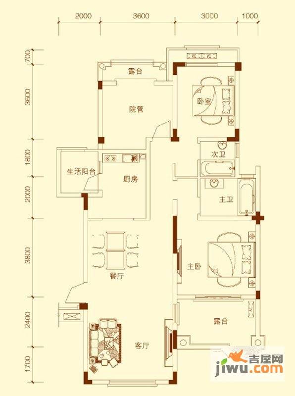 金科天湖小镇3室2厅2卫105㎡户型图