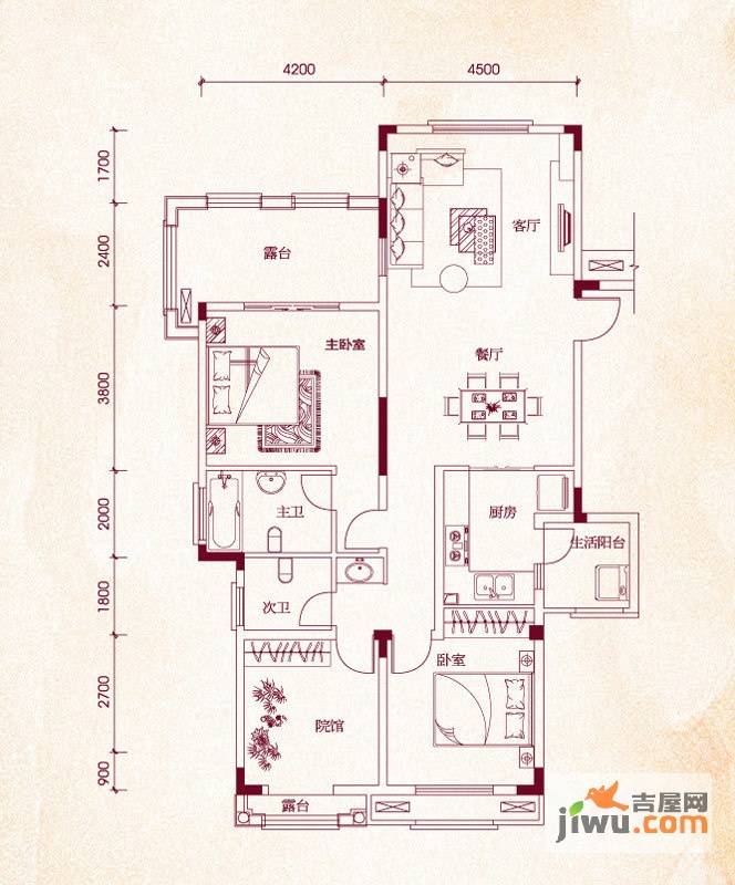 金科天湖小镇3室2厅2卫114㎡户型图