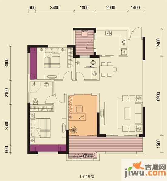 圣天湖东岸2室2厅2卫86.7㎡户型图