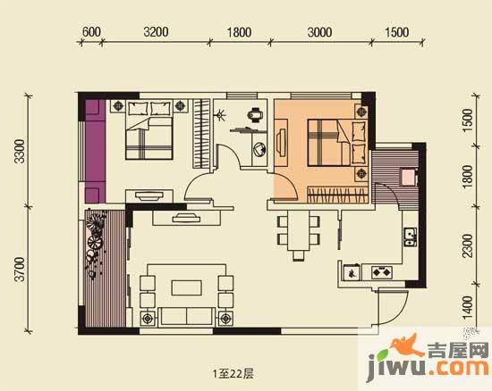 圣天湖东岸1室1厅1卫55.6㎡户型图