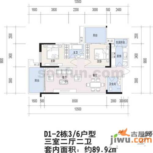 阳光100国际新城3室2厅2卫89.9㎡户型图