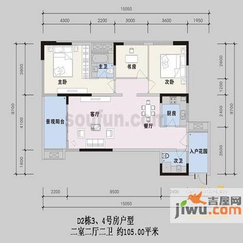 阳光100国际新城3室2厅2卫105㎡户型图