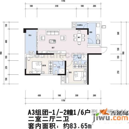 阳光100国际新城2室2厅2卫83.7㎡户型图