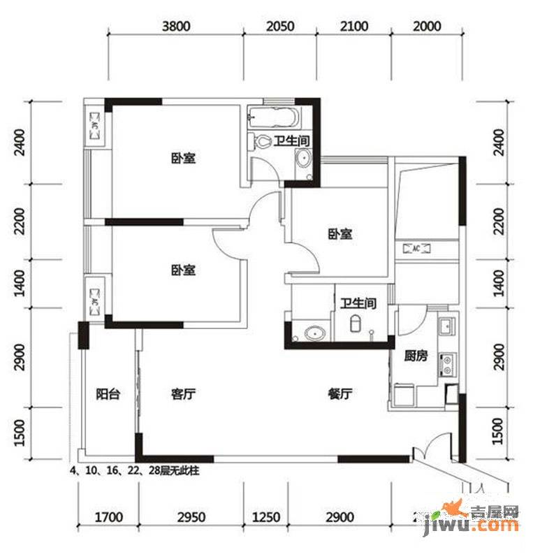 华宇春江花月3室2厅2卫87.2㎡户型图