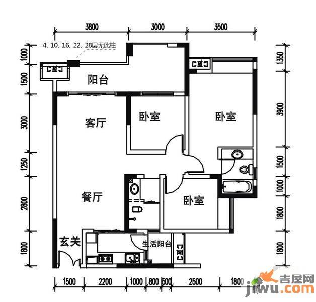 华宇春江花月3室2厅2卫88.9㎡户型图