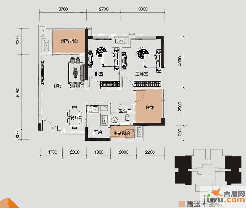 财信城市国际2室2厅1卫65.9㎡户型图