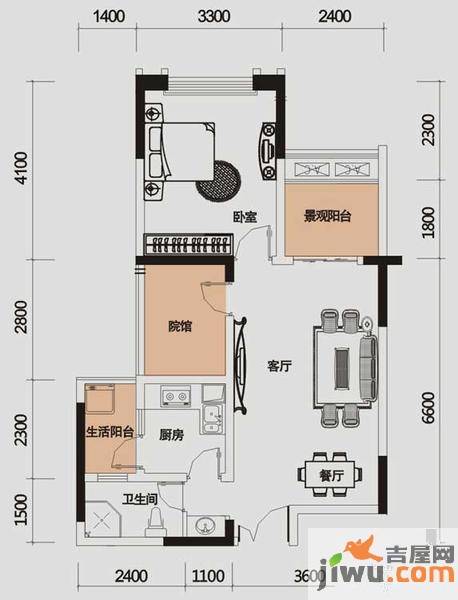 财信城市国际1室2厅1卫52㎡户型图