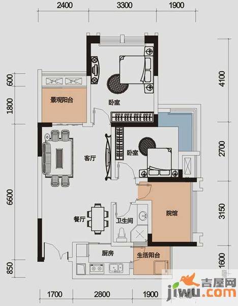 财信城市国际2室1厅1卫61.6㎡户型图