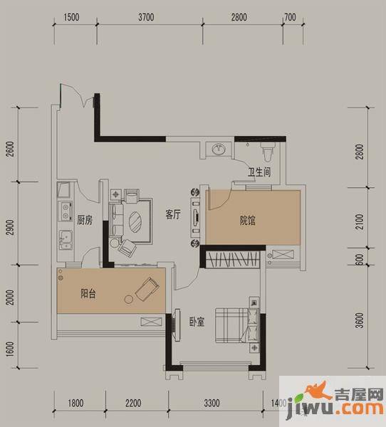 财信城市国际1室1厅1卫49.4㎡户型图