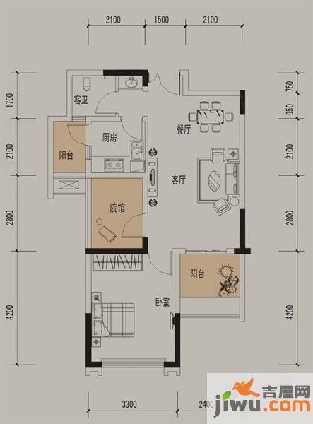 财信城市国际1室2厅1卫53.3㎡户型图