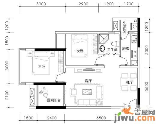 康德国会山2室2厅1卫57.5㎡户型图