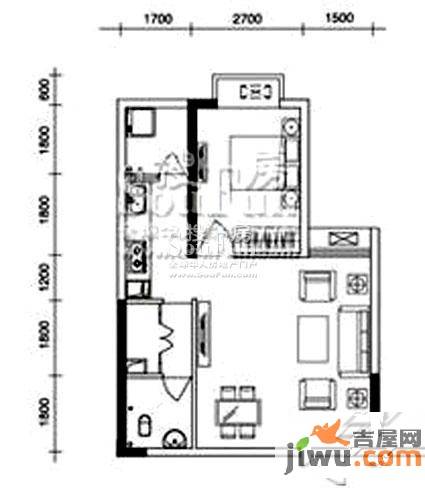 宝嘉江枫美岸1室2厅1卫43.6㎡户型图