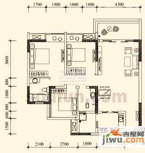 宝嘉江枫美岸3室2厅2卫88.7㎡户型图