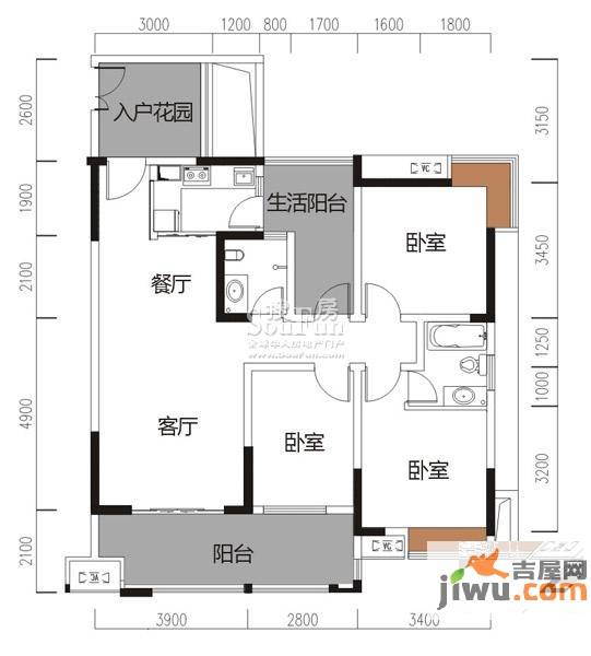 华宇春江花月3室2厅2卫94.7㎡户型图