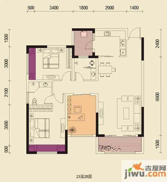 圣天湖东岸2室2厅2卫86.7㎡户型图