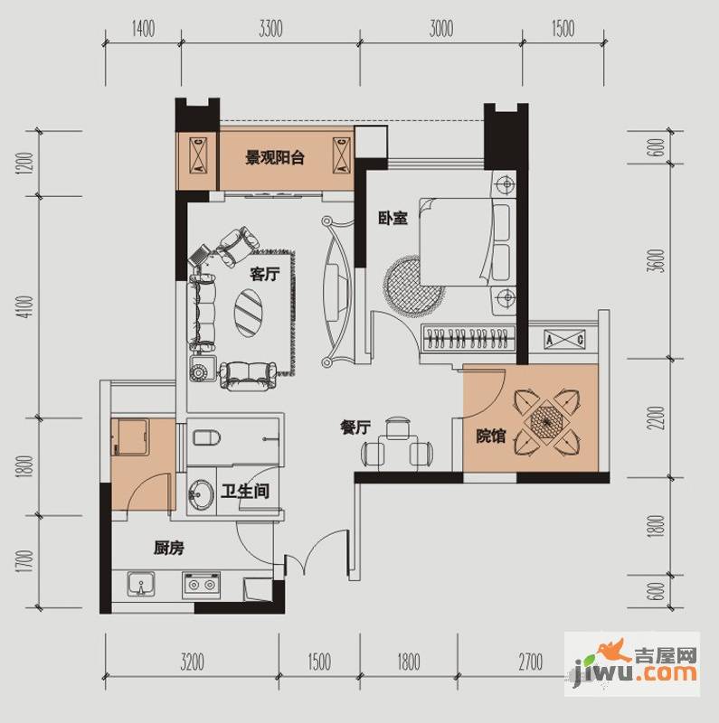 财信城市国际1室2厅1卫46.7㎡户型图