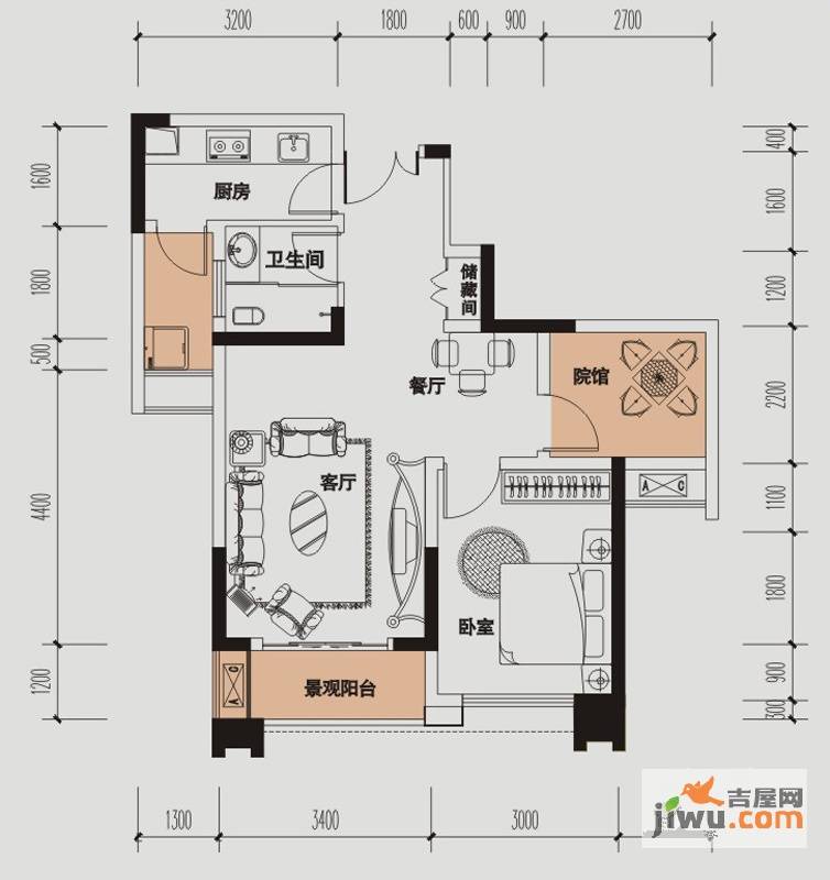 财信城市国际1室2厅1卫52.6㎡户型图