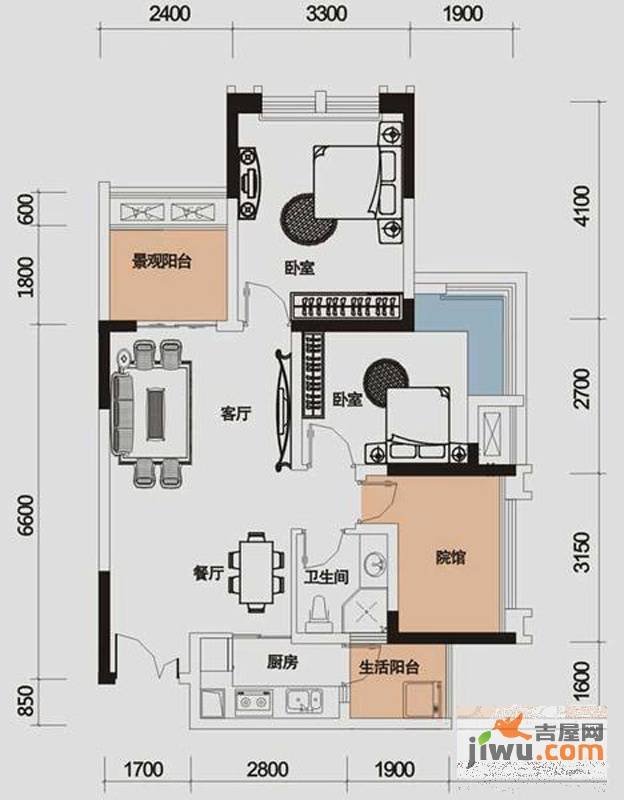 财信城市国际2室1厅1卫61.6㎡户型图