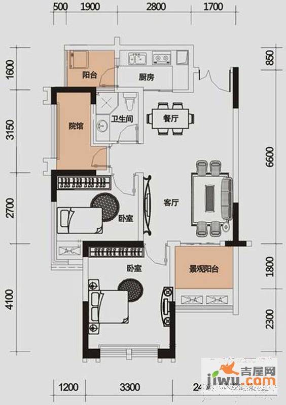 财信城市国际2室2厅1卫60.4㎡户型图