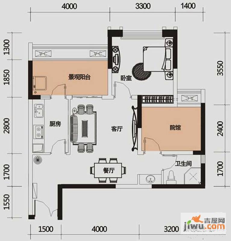 财信城市国际1室2厅1卫51㎡户型图