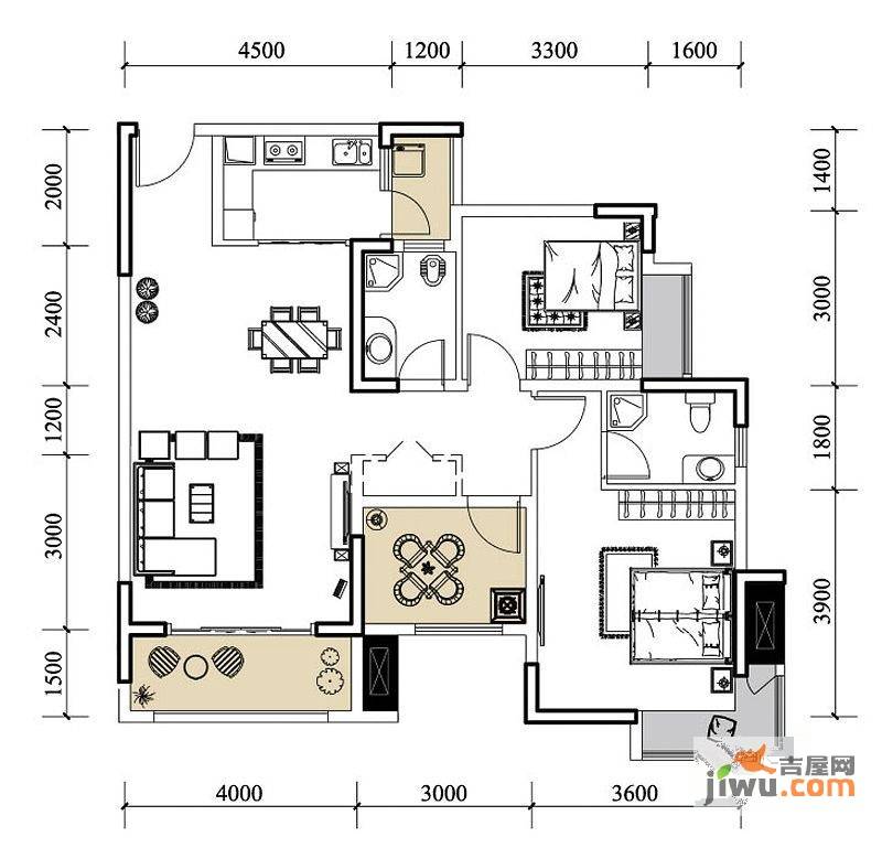 中房千寻2室2厅2卫83.1㎡户型图