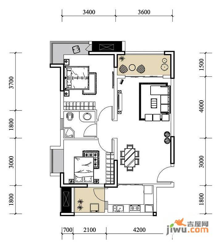 中房千寻2室2厅1卫64.1㎡户型图