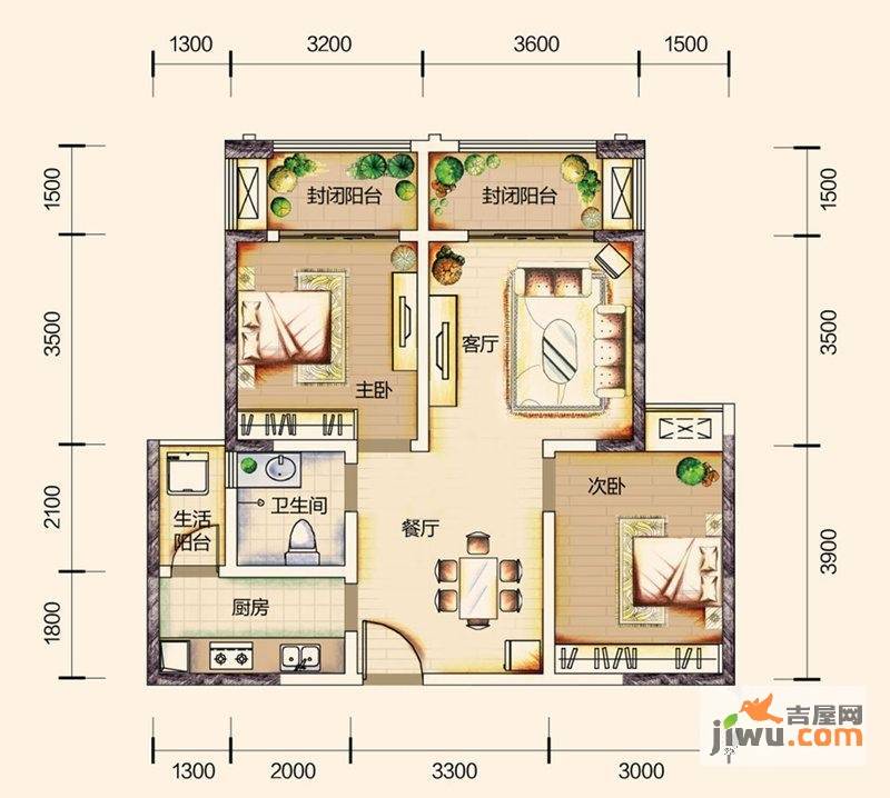 蓝光彩云府2室2厅1卫68㎡户型图