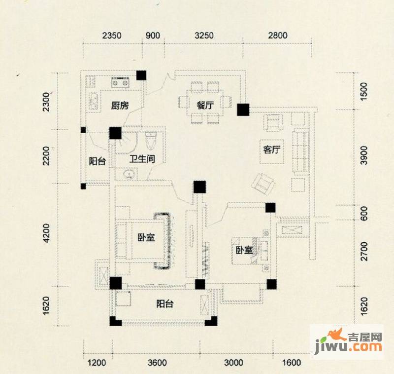 花山美居2室2厅1卫86.2㎡户型图