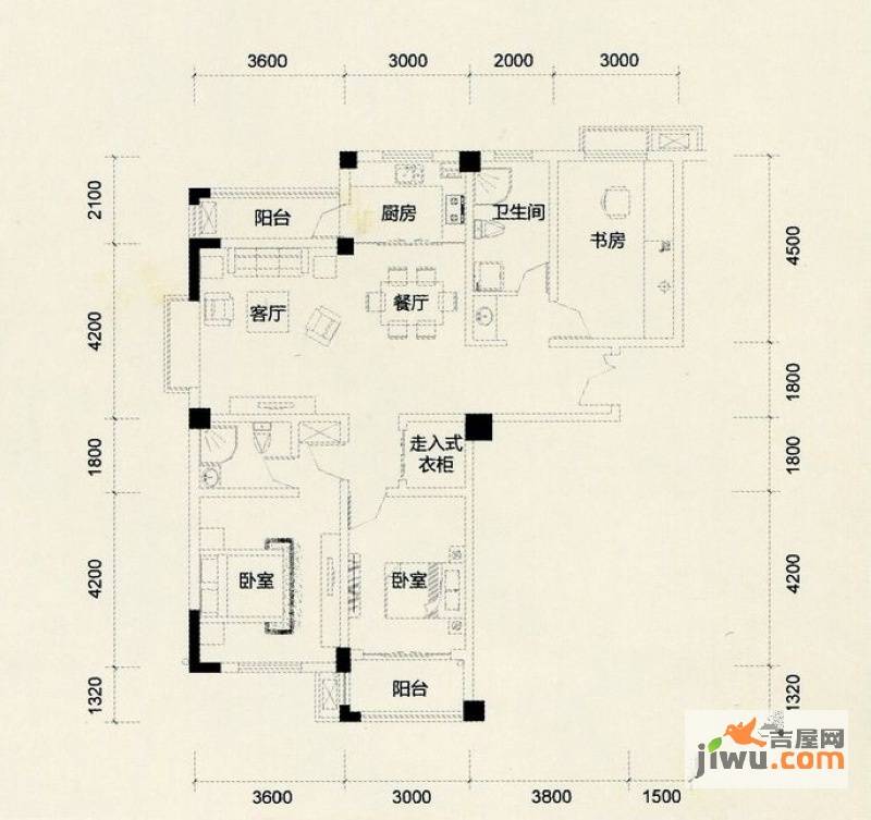 花山美居3室2厅2卫128.9㎡户型图