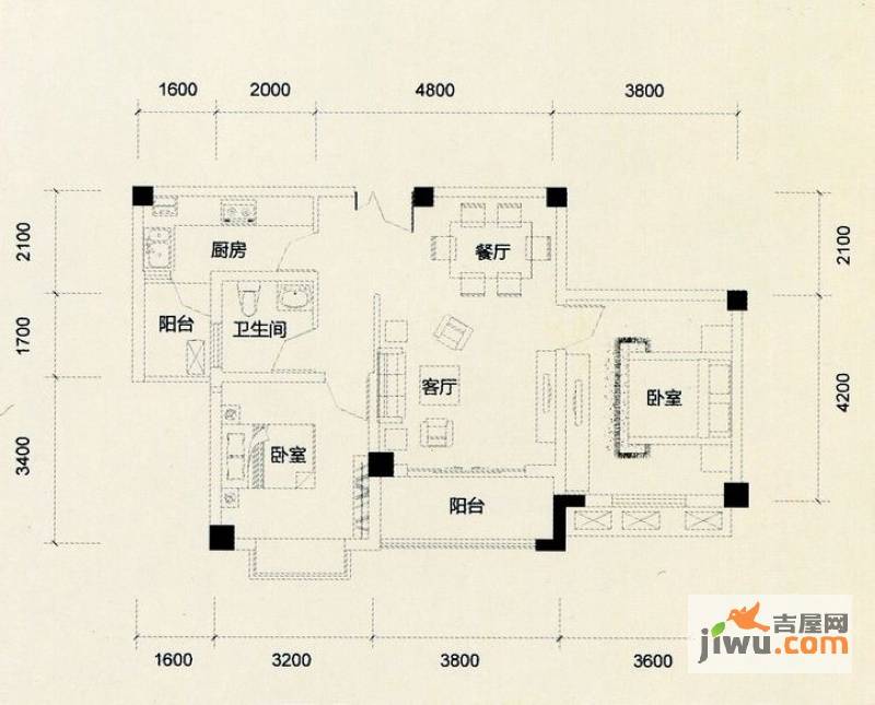 花山美居2室2厅1卫84.5㎡户型图