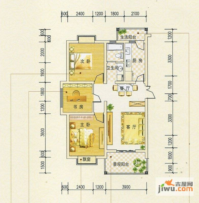 鸿联四季花城3室2厅1卫98㎡户型图