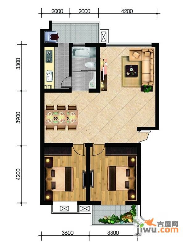 现代兴华苑2室2厅1卫106.3㎡户型图