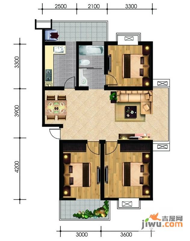 现代兴华苑3室3厅1卫105.6㎡户型图