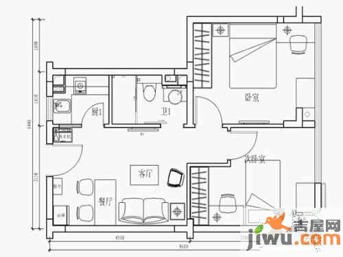 三味公寓2室2厅1卫57㎡户型图