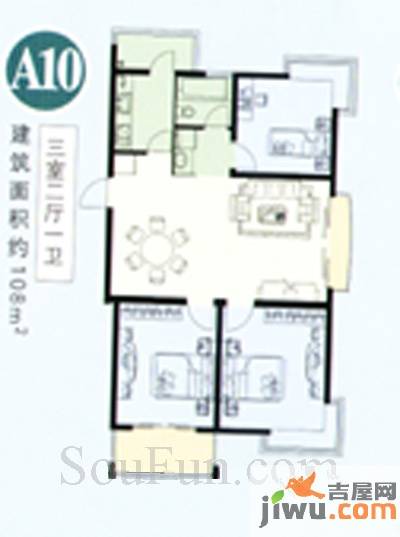 墨香山庄3室2厅1卫108㎡户型图