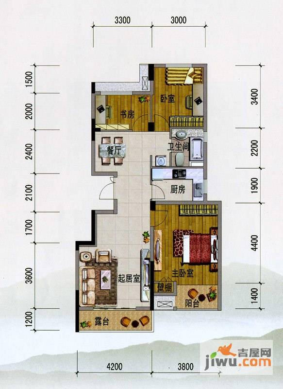 紫玉山庄3室2厅1卫95.4㎡户型图