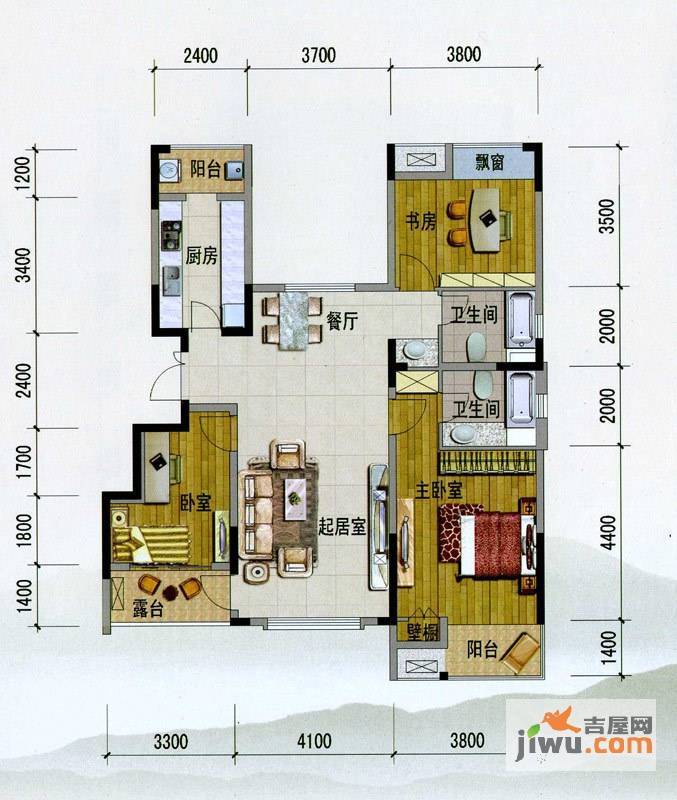 紫玉山庄1室2厅2卫119.8㎡户型图