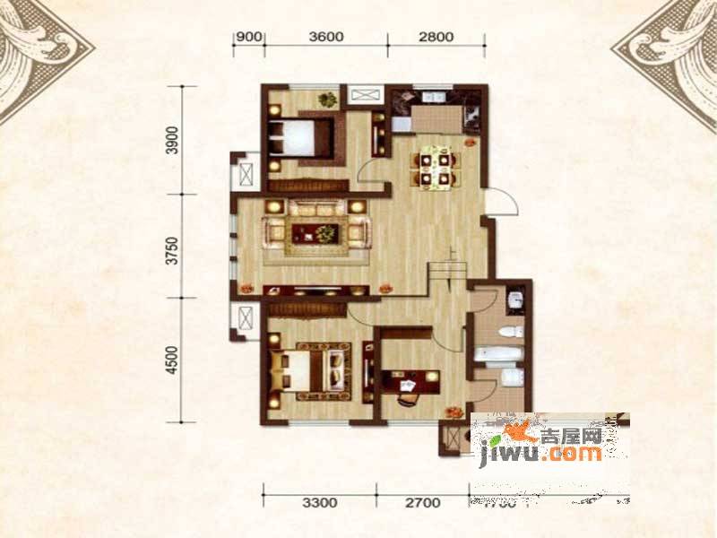 荣盛龙湖半岛3室2厅1卫93.1㎡户型图