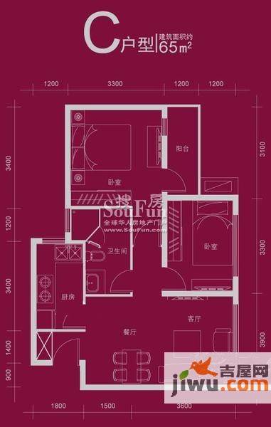 翠屏紫气钟山2室2厅1卫65㎡户型图