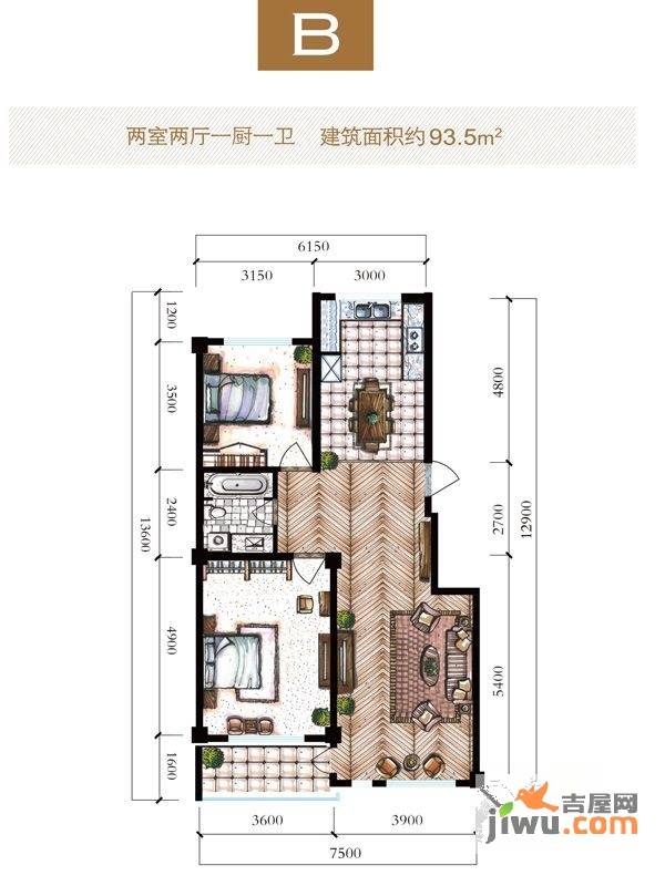 昌盛经典二期御花苑2室2厅1卫93.5㎡户型图