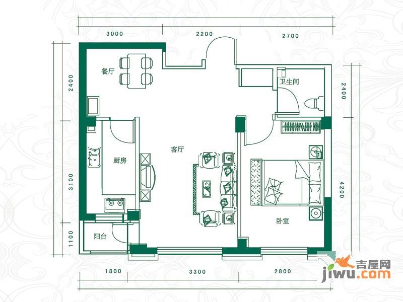 嵩森平安里1室2厅1卫52.1㎡户型图