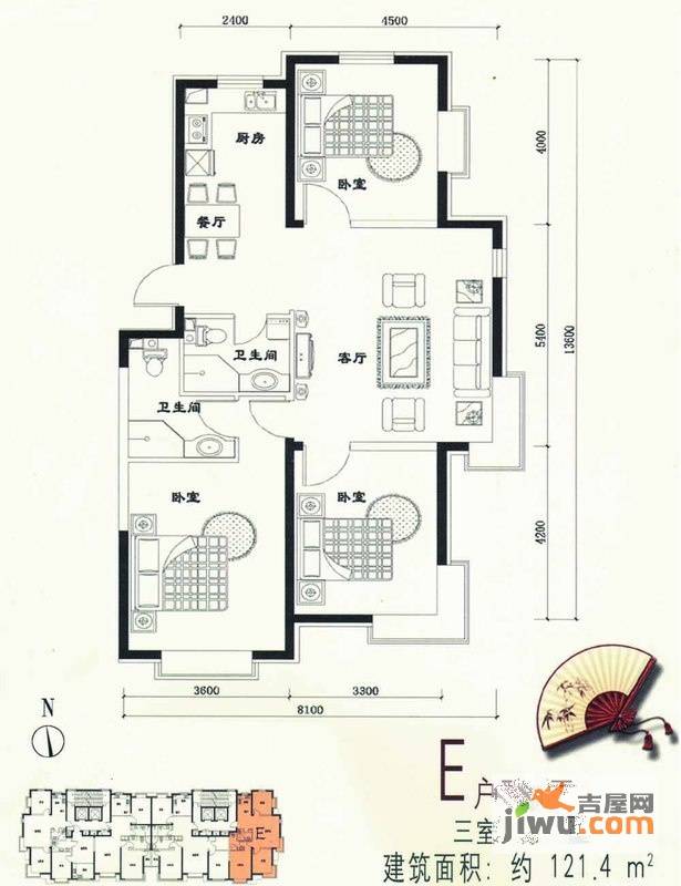 幸福阳光3室2厅2卫121.4㎡户型图