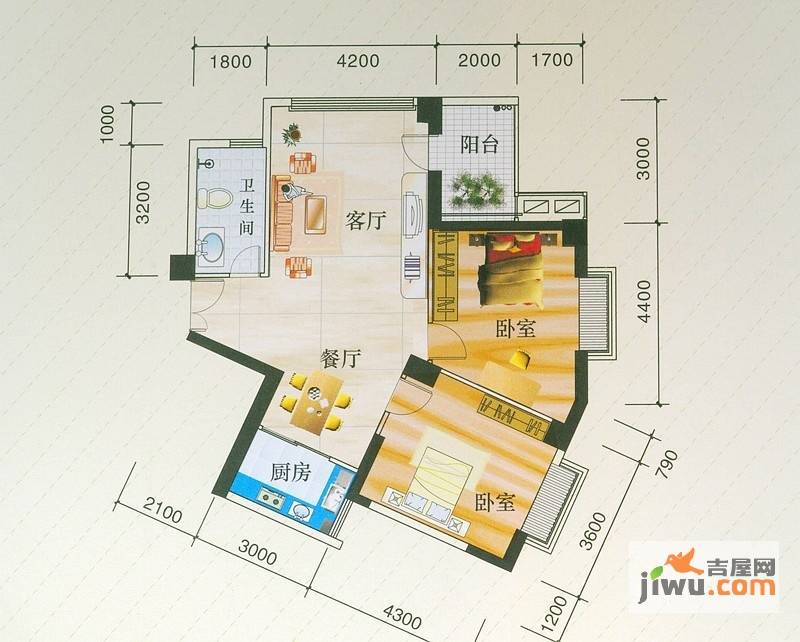 龙腾随园2室2厅1卫104㎡户型图