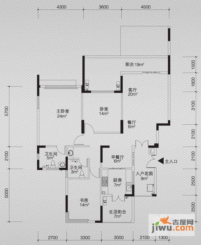 泰达天海国际退台式花园洋房四层a1户型图3室2厅2卫1厨户型