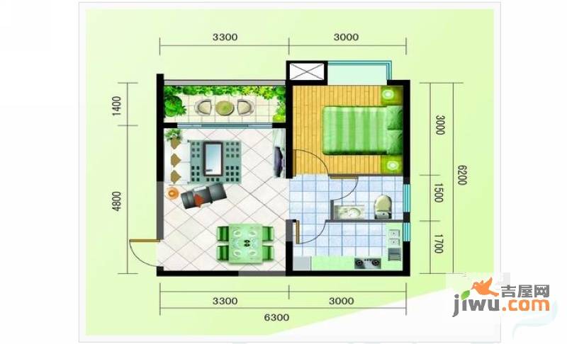 世贸兰庭1室1厅1卫48.8㎡户型图