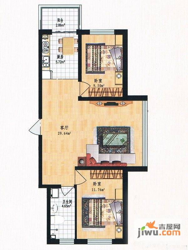 逸品祥伦2室1厅1卫74.4㎡户型图