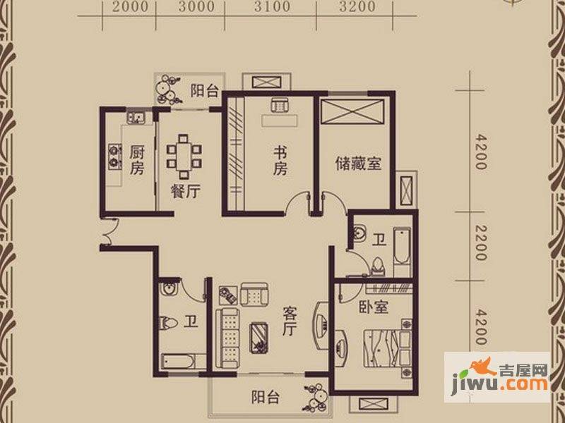 城馨嘉园2室2厅2卫134.7㎡户型图