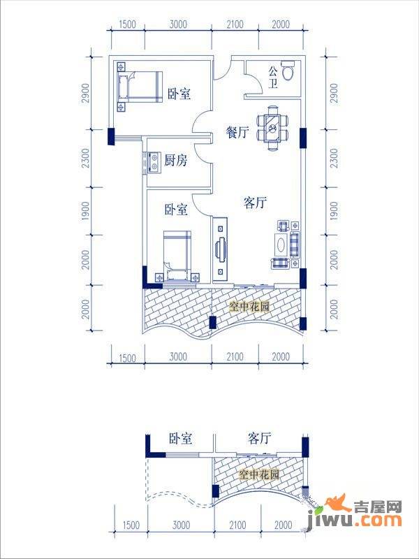 华西·滨江花苑2室2厅1卫86.6㎡户型图